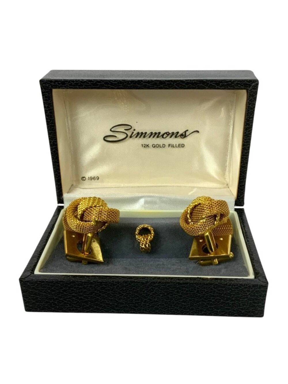 Simmons 12K Gold-Filled Knot Cufflinks & Tie Tack Set Original Box Vintage 1969
